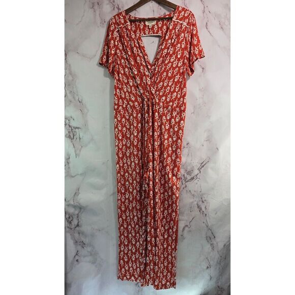 Porridge Jumpsuit Womens Medium Orange White Floral Wide Leg V Neck Pocket - Picture 1 of 11